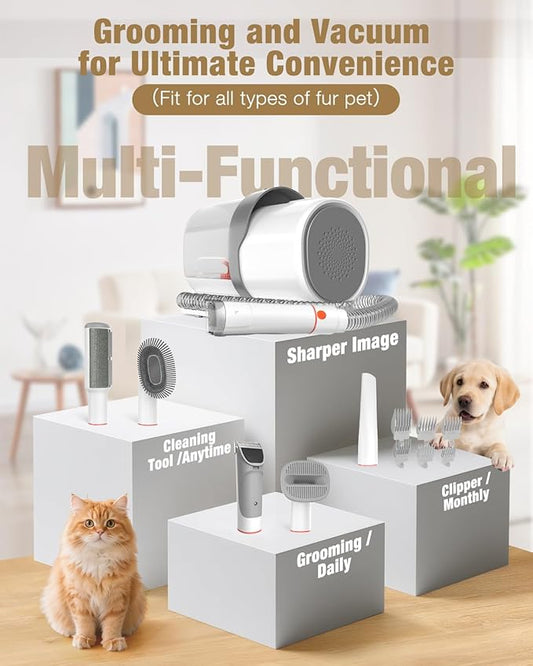 Sharper Image Professional Pet Grooming Vacuum Kit, 5-in-1 Dog Grooming Clippers with Low Noise Trimmer, 2.5L Large Dust Cup, 3 Suction Modes & 5 Grooming Tools for Dogs, Cats and Small Pets