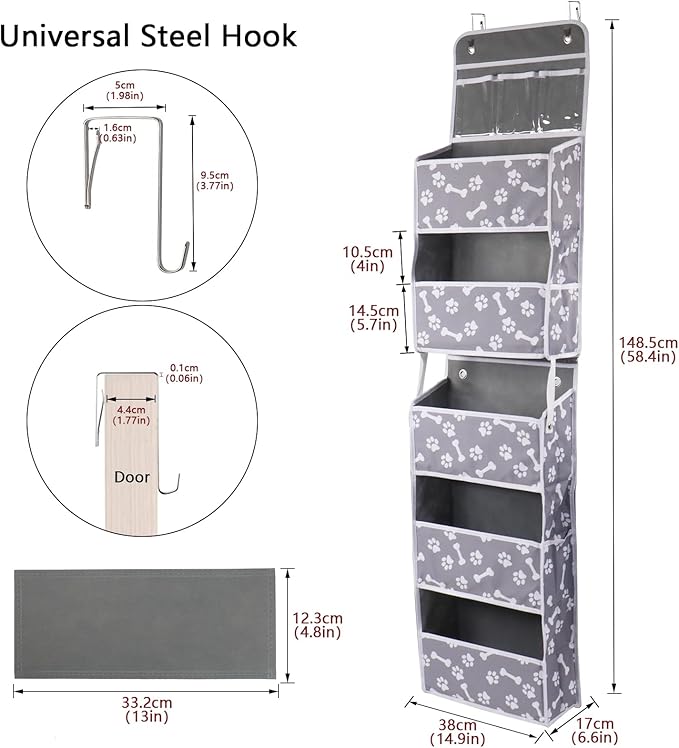 Dog Toy Basket,5-Shelf Hanging Organizer for Dog Toys,Over Door Basket for Dogs with 2 Metal Hooks,5 Pockets Organizer for Dog Leash Harness Toys Treats-62.5''(Height)-Bone Claw Print