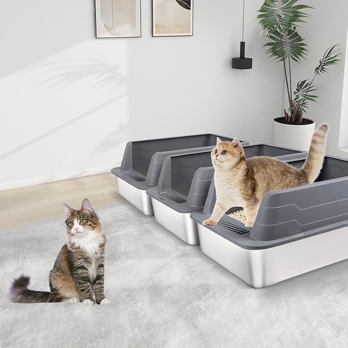 2 Pack Stainless Steel Litter Box, XL 22.9”x15”x 10.3” High Sided Metal Cat Litter Tray with Scoop, Cat Litter Box for Anti-Splash, Odor Control, Non-Sticky, Easy to Clean (Dark Grey)