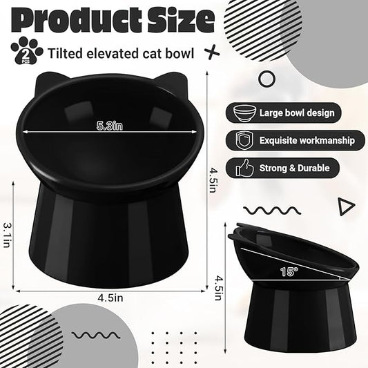 Zhehao 2 Pieces Plastic Raised Bowl Tilted 15 Degrees Elevated Cat Food and Water Bowls Set Anti Vomit Dog Kitten Food Dishes Pet for Cats and Small Dogs(Cat Ears,Black)