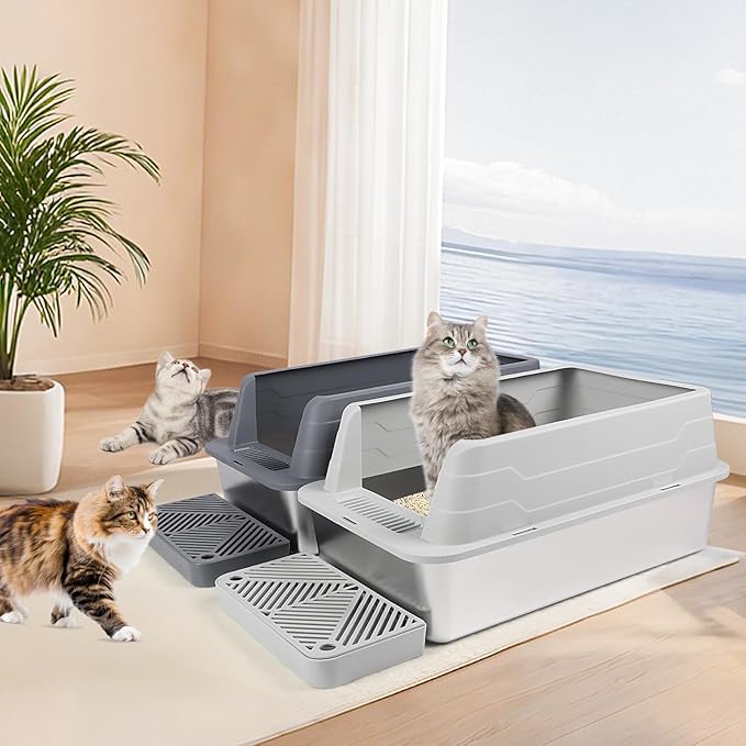 2 Pack Stainless Steel Litter Box, XL 22.9”x15”x 10.3” High Sided Metal Cat Litter Tray with Scoop, Filter Pedal for Anti-Splash, Odor Control, Non-Sticky, Easy to Clean (Dark Grey&Light Grey)