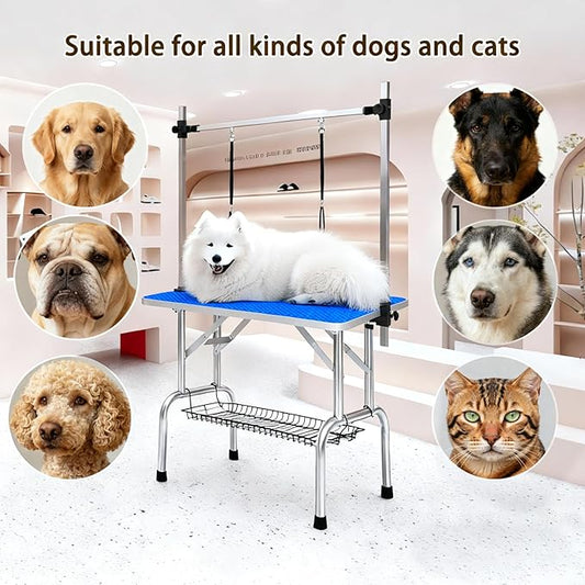 Pet Grooming Table, 46" Adjustable Height Dog Grooming Table with H-Type Arm & Stainless Steel Legs, Non-Slip E1 Grade Top, Tool-Free Folding, Portable for Professional & Home Use(Blue, 46inch)