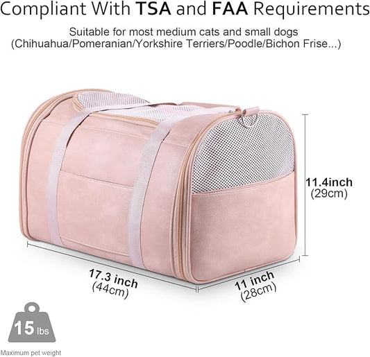 Fashion Leather Dog Carrier Cat Carrier Airline Approved Pet Carrier for Small Medium Dogs Cats Under 15Lbs, Collapsible Soft Sided Travel Puppy Carrier Pink
