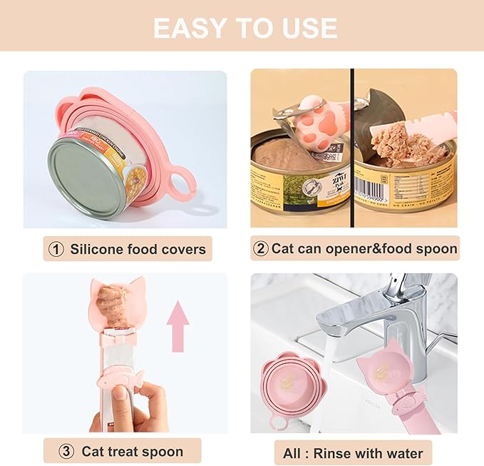 PETPAWLOVELY-Cat&Dog Food Can Covers Lids,Silicone Cat Food Spatula or Can Opener,Cat Treat Spoon.Multi-Function Cat Treat Dispenser Spoon,1 Lid&2 Spoon for Wet Food(Pink)