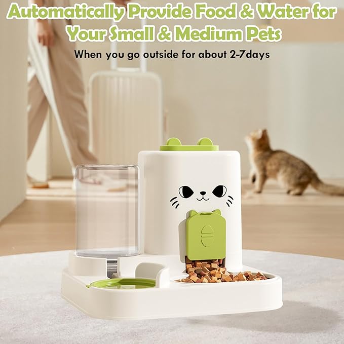 1.6L Auto Gravity Pet Feeder and 0.6L Water Dispenser Set, Automatic Cat Food and Water Dispenser, Gravity Pet Feeder for Small Medium Dog Puppy Cat Kitten (Green)