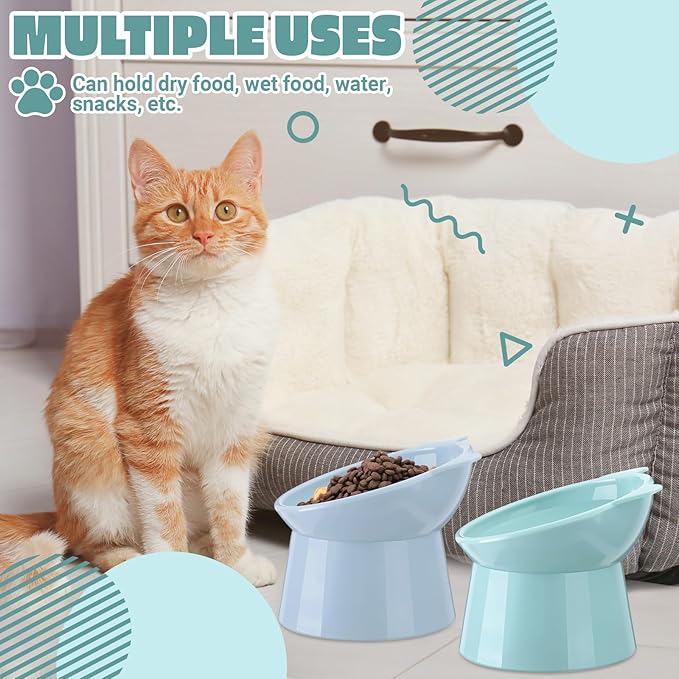 Zhehao 2 Pieces Plastic Raised Bowl Tilted 15 Degrees Elevated Cat Food and Water Bowls Set Anti Vomit Dog Kitten Food Dishes Pet for Cats and Small Dogs(Cat Ears,Light Green, Blue)