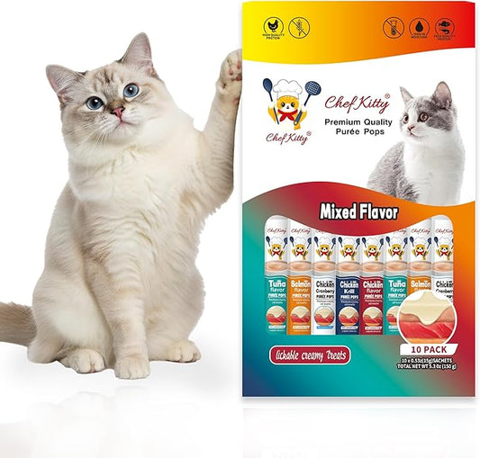 Purée Pops, Cat Treats, Grain-Free, Lickable, Squeezable Creamy Cat Treat/Topper with Vitamin E & Taurine, 0.5 Ounces Each Tube, 10 Tubes, Chicken and Seafood Mix Variety