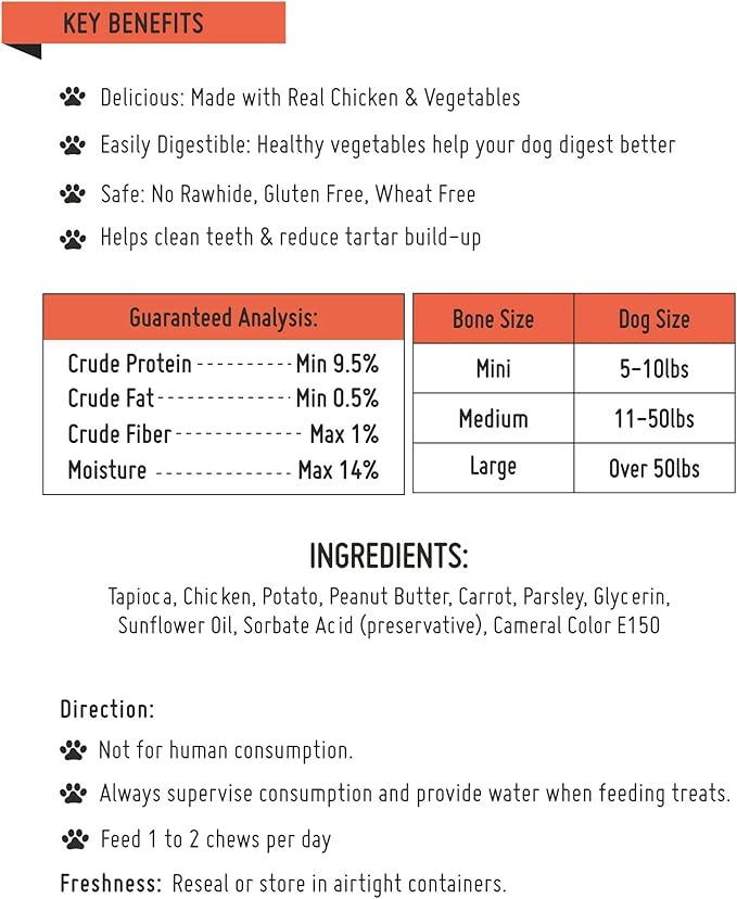 Premium Peanut Butter Dog Chew Bones, Rawhide Free, Gluten Free, Made with Limited Ingredients, Delicious, Healthy, Highly Digestible (MINI 18pcs/Pack)