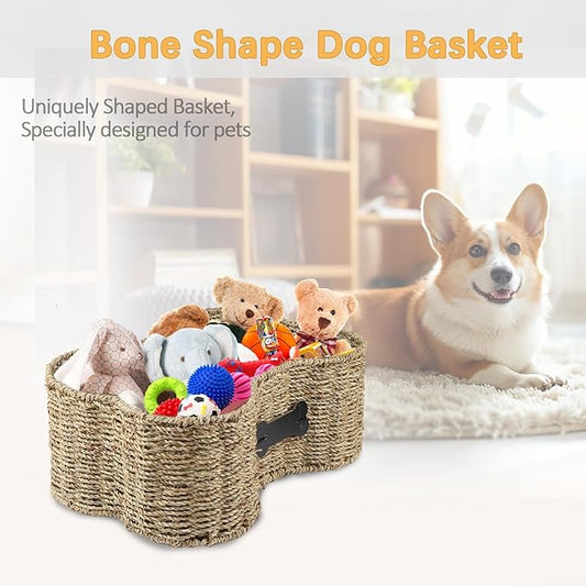 Personalized Dog Toy Bin - Bone Shape Dog Toys Storage & Organizer Boxes for Living Room - Handmade Seagrass Basket