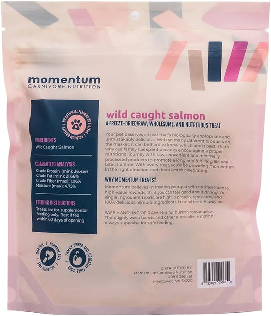 Momentum Carnivore Nutrition Wild-Caught Salmon Dog and Cat Treats - Freeze-Dried Raw - High Protein, Skin & Coat Support, Omega 3s - 3 oz Bag