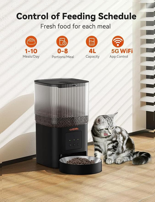 WOPET Automatic Cat Feeder, 5G WiFi Smart Pet Feeder for Dogs and Cats with APP Control, Low Food Sensor, 10s Voice Recorder, Up to 10 Meals Daily, Dual Power Supply, Timed Dog Food Dispenser