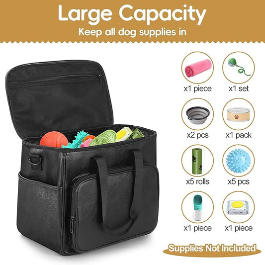 Dog Travel Bag, Leather Travel Pet Bag Set for Dog and Cat, Airline Approved Tote Organizer with Multi-Function Pockets, 2 Food Storage Containers, 2 Collapsible Bowls