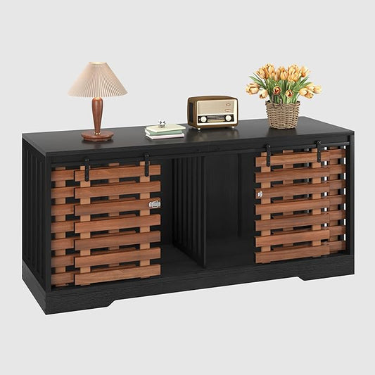 YITAHOME 71 Inch Dog Crate TV Stand for 2 Dogs w Sliding Door, Heavy Duty Chew-Resistant Cage Furniture for Medium Large Dogs, Wooden Indoor Double Dog Kennel Decorative for Living Room, Black Walnut