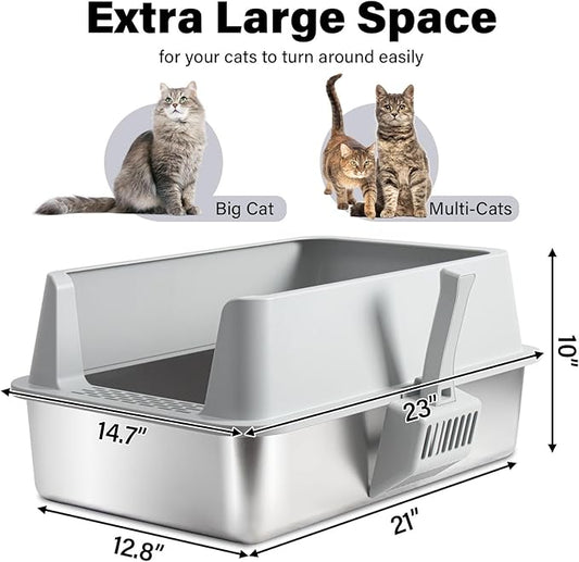 2PCS XL Stainless Steel Cat Litter Box with Lid,Metal Litter Box High Sides for Big/Multiple Cats,Open Design,Indoor,1-Mat and 1-Scoop,Easy to Clean, No Odor,Anti-Urine Leakage