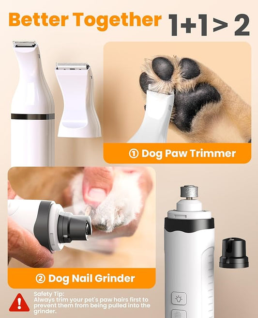 oneisall Dog Nail Grinder and Paw Trimmer Kit 3 in 1 Quiet Rechargeable Electric Pet Nail Grinder with 2 LED Lights and Cordless Dog Grooming Safe Clippers