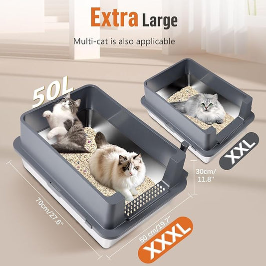 XXXL Stainless Steel Litter Box, 27.6" H x 19.7" W x 11.8" H Extra Large Metal High Sided Cat Litter Box with Scoop, Leak-Proof, Easy Clean for Big Cats/Multiple Cats (Dark Grey)