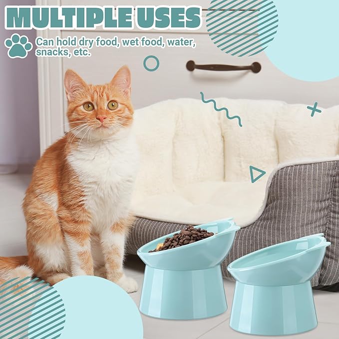 Zhehao 2 Pieces Plastic Raised Bowl Tilted 15 Degrees Elevated Cat Food and Water Bowls Set Anti Vomit Dog Kitten Food Dishes Pet for Cats and Small Dogs(Cat Ears,Light Green)