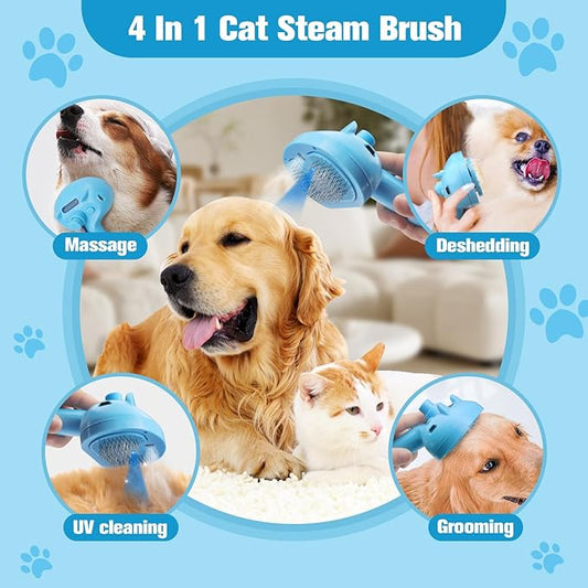 4-in-1 Pet Steam Brush for Dogs,Self-Cleaning Cat&Dog Brush for Shedding Long & Short Haired Dogs,Gentle Cat Steam Brushes for Indoor Cats with Spary Pet Hair Remover for Massage,Grooming Blue