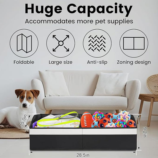 Large Dog Toy Basket With Handle, Foldable Dog Toy Box for Living Room Area, 28.5" Basket for Dog Toys, Clothes, Organizers and Storage with Hard Board, Anti-slip for Pet Toys (Black, Large)