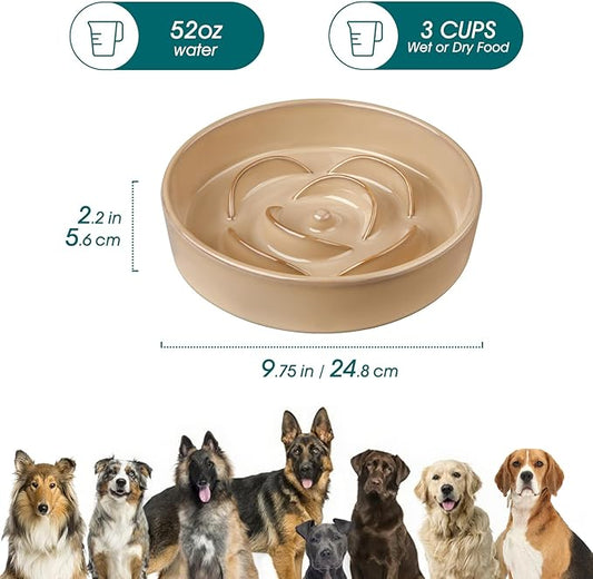 vancasso Slow Feeder Dog Bowl, 3 Cups Ceramic Slow Feeder for Large Breed, Puzzle Maze Dog Food Bowl for Fast Eater, Khaki