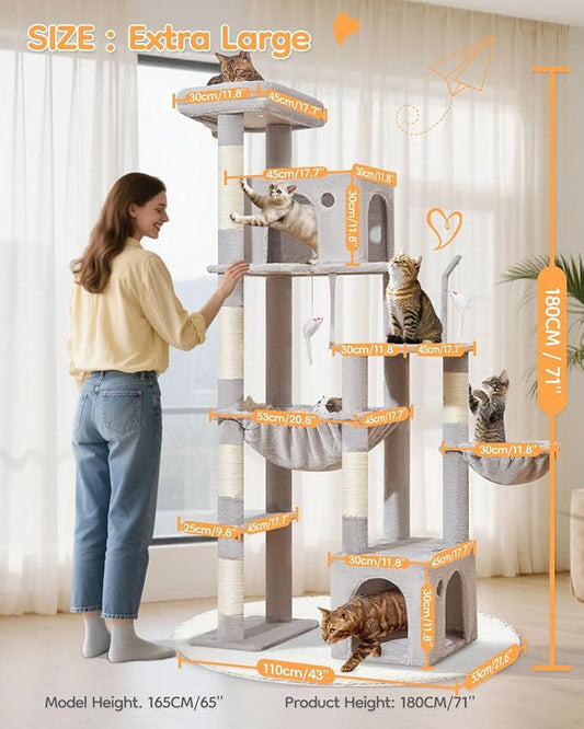 Taoqimiao 71 Inches Cat Tree for Indoor Cats Large Adult, Multi-Level Tall Cat Tower, 2 Cat Condo with 6 Scratching Posts, Super Large Hammcock, Cat Toys, Cozy Basket, Light Gray, MS037W