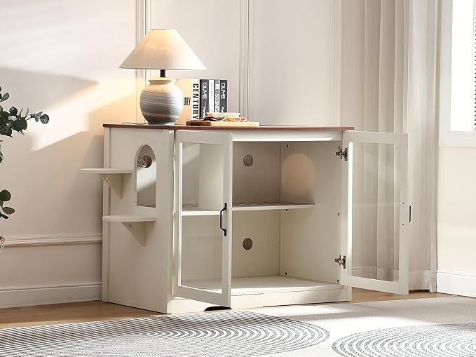47.8'' Dog-Proof Large Cat Litter Box Enclosure with Super Convenient Litter Collector,Cat Litter Box Cabinet with Litter Leak Walkway and Glass Doors for Better View,White