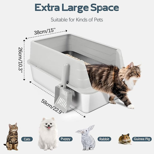 2 Pack Stainless Steel Litter Box, XL 22.9”x15”x 10.3” High Sided Metal Cat Litter Tray with Scoop, Cat Litter Box for Anti-Splash, Odor Control, Non-Sticky, Easy to Clean (Light Grey)