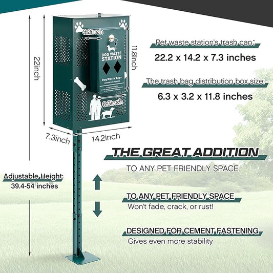 Abbylike Compact Dog Waste Station Outdoor - Pet Poop Waste Bag Dispenser & Litter Bin Combo, Pet Trash Bin Height Adjustable with Reflective Sign for Backyard Commercial Park Trail Yard