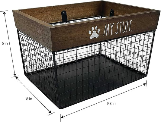 Rae Dunn Pet Toy Storage Bin - Metal and Wood Organizer for Dog Toys, Treats, Leashes - Cat Toy Basket Container - Dark Wood