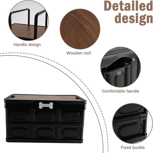 Outdoor Dog Toy Bin wtih Handles,Collapsible Dog Stuff Organizer Portable,Pet Storage Basket with Wood Cover for Dog Toys/Snack/Camping Essentials,Ideal for Car Trunk,RV Trip,Picnic-Black
