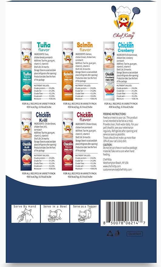 Purée Pops, Cat Treats, Grain-Free, Lickable, Squeezable Creamy Cat Treat/Topper with Vitamin E & Taurine, 0.5 Ounces Each Tube, 10 Tubes, Chicken with Krill Recipe