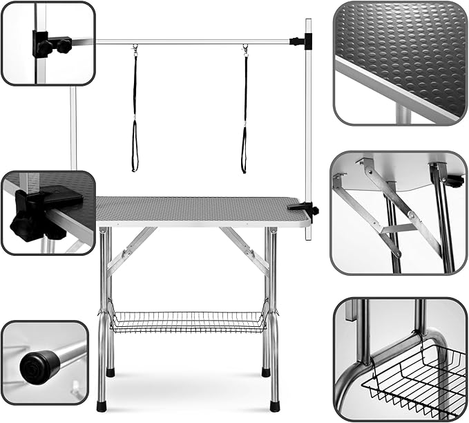 Pet Grooming Table, 42" Adjustable Height Dog Grooming Table with H-Type Arm & Stainless Steel Legs, Non-Slip E1 Grade Top, Tool-Free Folding, Portable for Professional & Home Use (Blakc, 42inch)