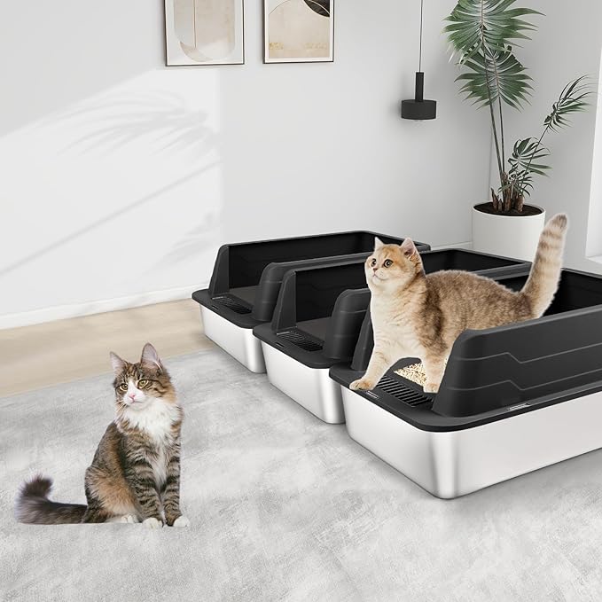 3 Pack Stainless Steel Litter Box, XL 22.9” x 15” x 10.3” High Sided Metal Cat Litter Tray with Scoop, Cat Litter Box for Anti-Splash, Non-Sticky, Easy to Clean (Black)