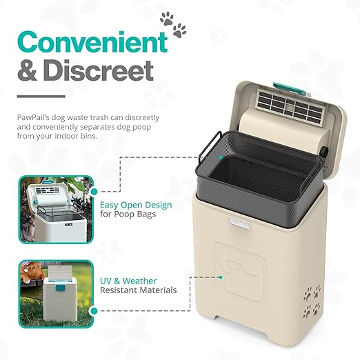 PawPail Pet Waste Station with Activated Carbon Filter and DualVent Odor Control - Outdoor Dog Poop Trash Can with 200 Dog Poop Bags - 19 Liter, Beige