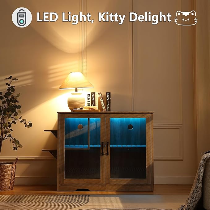 47.8'' Dog-Proof Large Cat Litter Box Enclosure with Super Convenient Litter Collector,Cat Litter Box Cabinet with Litter Leak Walkway and Glass Doors for Better View,Grey