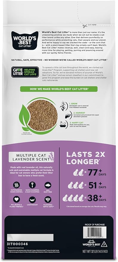 WORLD'S BEST CAT LITTER Multiple Cat Lavender Scented 32-Pounds - Natural Ingredients, Quick Clumping, Flushable, 99% Dust Free & Made in USA - Calming Fragrance & Long-Lasting Odor Control