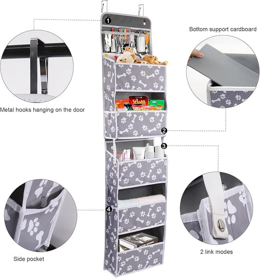 Dog Toy Basket,5-Shelf Hanging Organizer for Dog Toys,Over Door Basket for Dogs with 2 Metal Hooks,5 Pockets Organizer for Dog Leash Harness Toys Treats-62.5''(Height)-Bone Claw Print