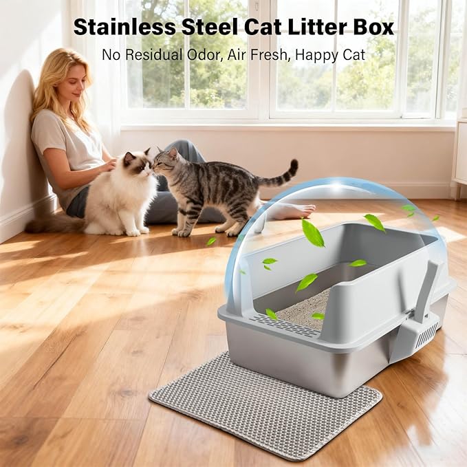 2PCS XL Stainless Steel Cat Litter Box with Lid,Metal Litter Box High Sides for Big/Multiple Cats,Open Design,Indoor,1-Mat and 1-Scoop,Easy to Clean, No Odor,Anti-Urine Leakage
