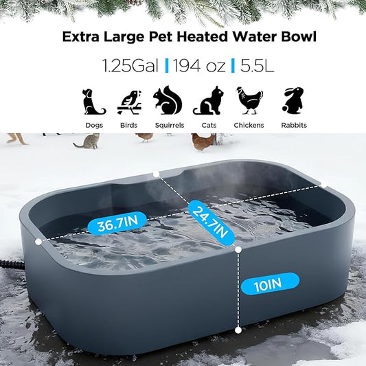 1.25Gal/5.5L Extra Large Pet Heated Water Bowl for Dog Cats Rabbit Chicken Duck Squirrel, Indoor & Outdoor Antifreezing Winter Heated Food & Water Bowl Dish, Thickened Design, BPA-Free, Plug and Play