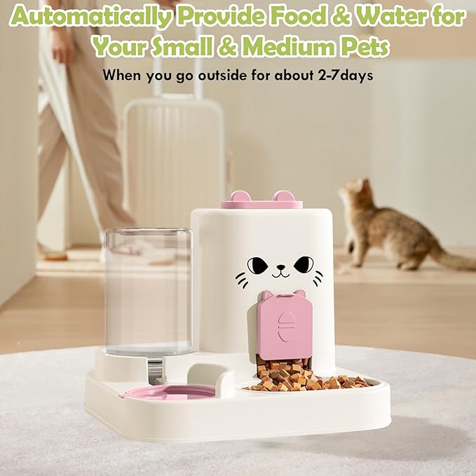 1.6L Auto Gravity Pet Feeder and 0.6L Water Dispenser Set, Automatic Cat Food and Water Dispenser, Gravity Pet Feeder for Small Medium Dog Puppy Cat Kitten (Pink)