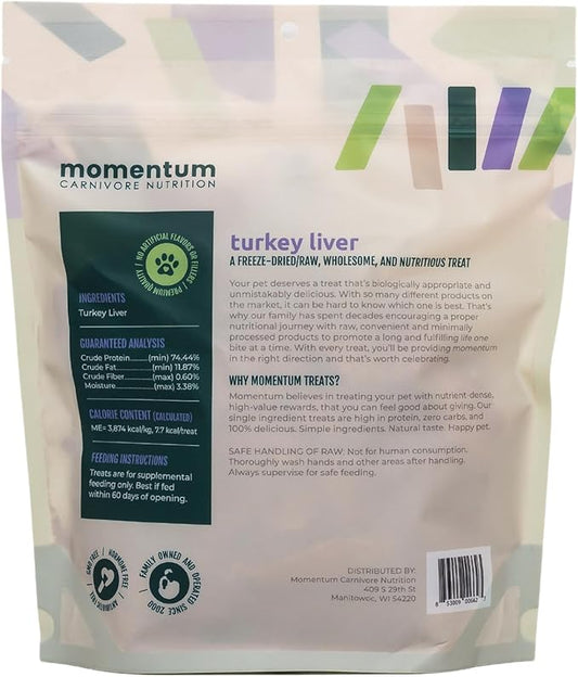 Momentum Carnivore Nutrition Freeze-Dried Turkey Liver Dog Treats – Single-Ingredient, Dog & Cat Treats – High-Protein, Grain-Free– 3.5 oz Bag