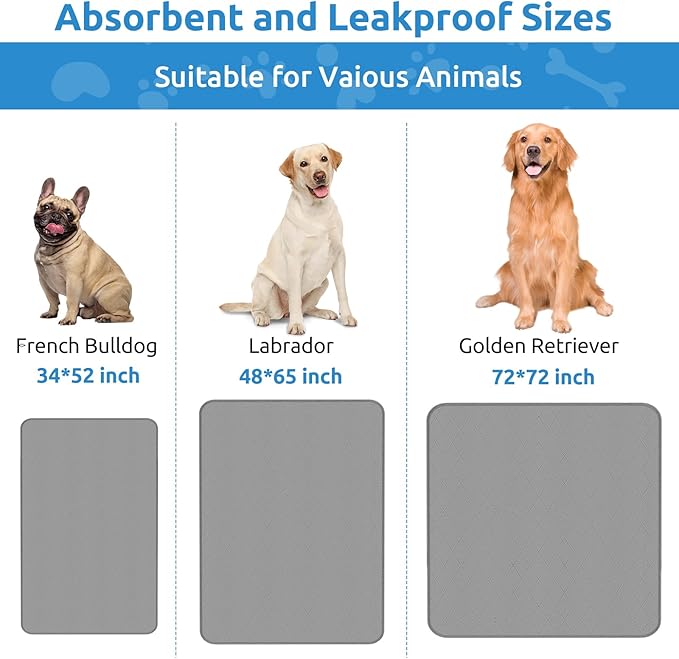 Washable Reusable Dog Pee Pads, 48"x65" Absorbent & Waterproof Puppy Training Pad for Crate, Playpen & Carpet, Large Potty Pads for Dogs, Cats & Small Pets