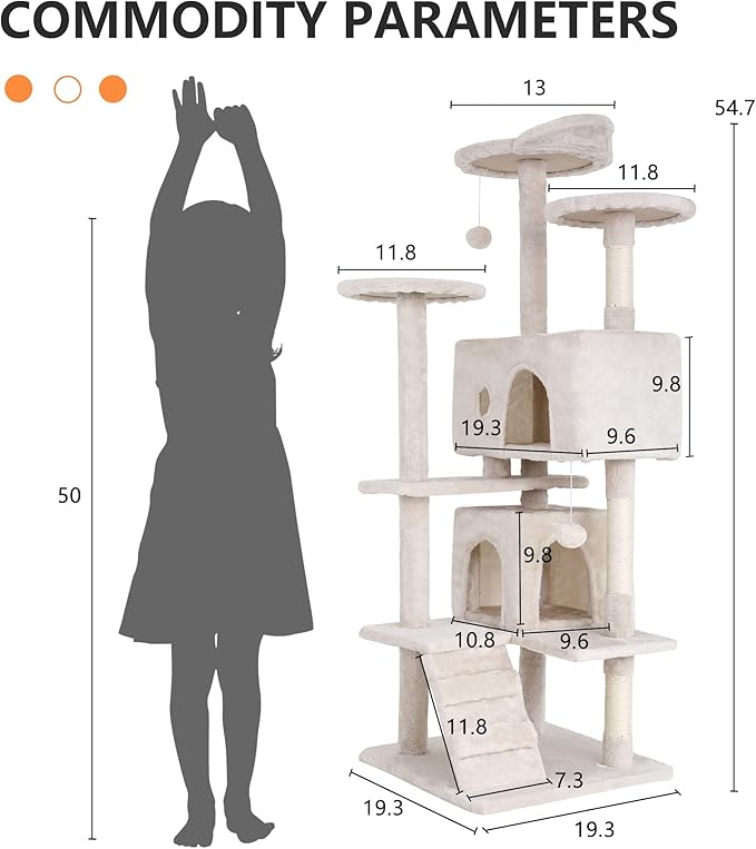BestPet | 54" Cat Tree Tower | Beige | Sturdy, Easy to Assemble, Multi-Level Activity Center with Sisal Scratching Posts, Condos, Perches, Hanging Cat Toys, Observation Decks & Ladder