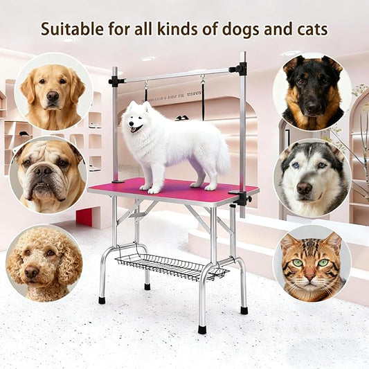 Pet Grooming Table, 42" Adjustable Height Dog Grooming Table with H-Type Arm & Stainless Steel Legs, Non-Slip E1 Grade Top, Tool-Free Folding, Portable for Professional & Home Use (Pink, 42inch)