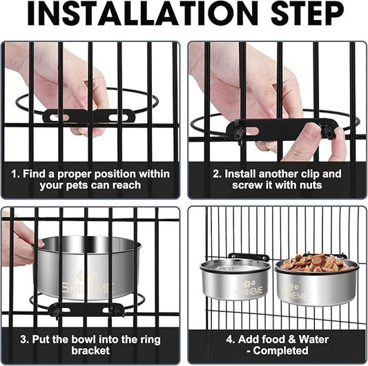 Water Bowl for Dog Crate, ShineMe 34oz & 25oz Stainless Steel Dogs Bowls, Dog Food and Water Bowl Set Mountable in Crate Kennel Cage, 2 Pack, Silver (6.2x2.6β & 5.5x2.4β)