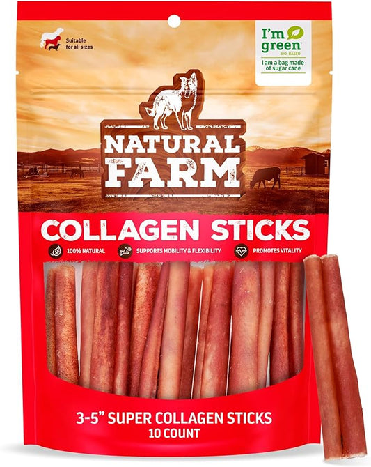 Natural Farm Odor-Free Super Collagen Dog Chews (3-5 Inch, 10-Pack) The First Ever Real Bull Sticks Alternative: 100% Natural Angus Hide Collagen Treats - More Protein, More Chew Time for All Dogs