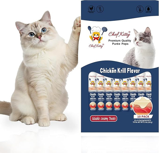 Purée Pops, Cat Treats, Grain-Free, Lickable, Squeezable Creamy Cat Treat/Topper with Vitamin E & Taurine, 0.5 Ounces Each Tube, 10 Tubes, Chicken with Krill Recipe