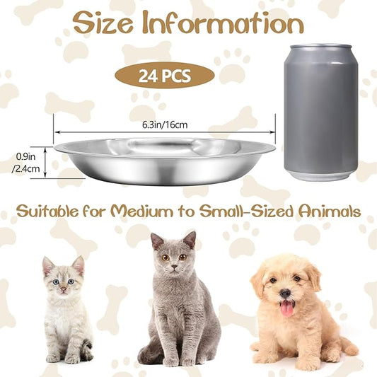 kathson Shallow Stainless Steel Cat Bowls 24 Pcs Whisker Fatigue Cat Dishes Flat Dog Feeding Saucers Pet Food and Water Plate Set for Kitten Puppy and Other Small Animals (6.3 Inch Dia.)