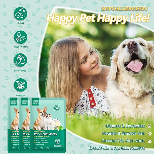 10 PCS Pet Cleaning and Deodorizing Bathing Grooming Glove Wipes for Dogs and Cats, Extra Thick Nourish Fur No-Rinse Grooming Wipes for Daily Care and Travel, Hypoallergenic