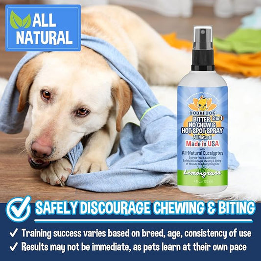 Bodhi Dog Bitter 2-in-1 No Chew & Hot Spot Spray - Natural Anti-Chew Remedy Better Than Bitter Apple - Soothes Hot Spots, Deters Chewing - Safe for Skin, Wounds & Furniture- Made in USA (4 Fl Oz)